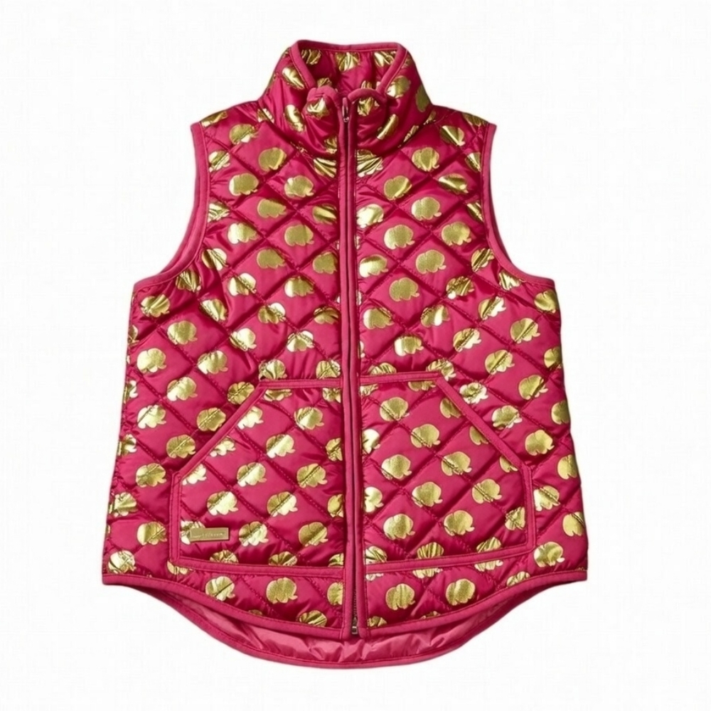 Simply Southern Preppy Quilted Vest Womens Small Pink Gold Elephant Print Puffer